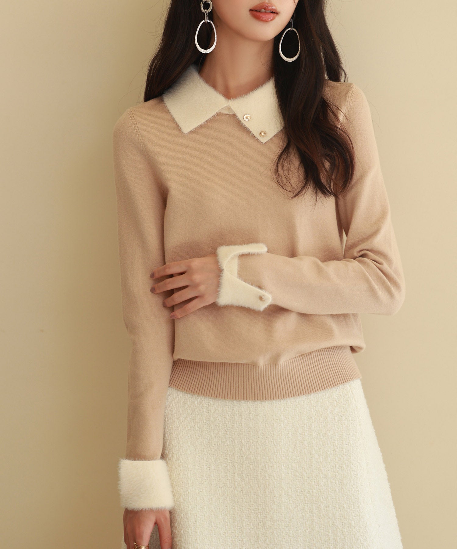 襟付きハイゲージ編みニットプルオーバーsdpxyf6301 ベージュ