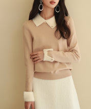 襟付きハイゲージ編みニットプルオーバーsdpxyf6301 ベージュ