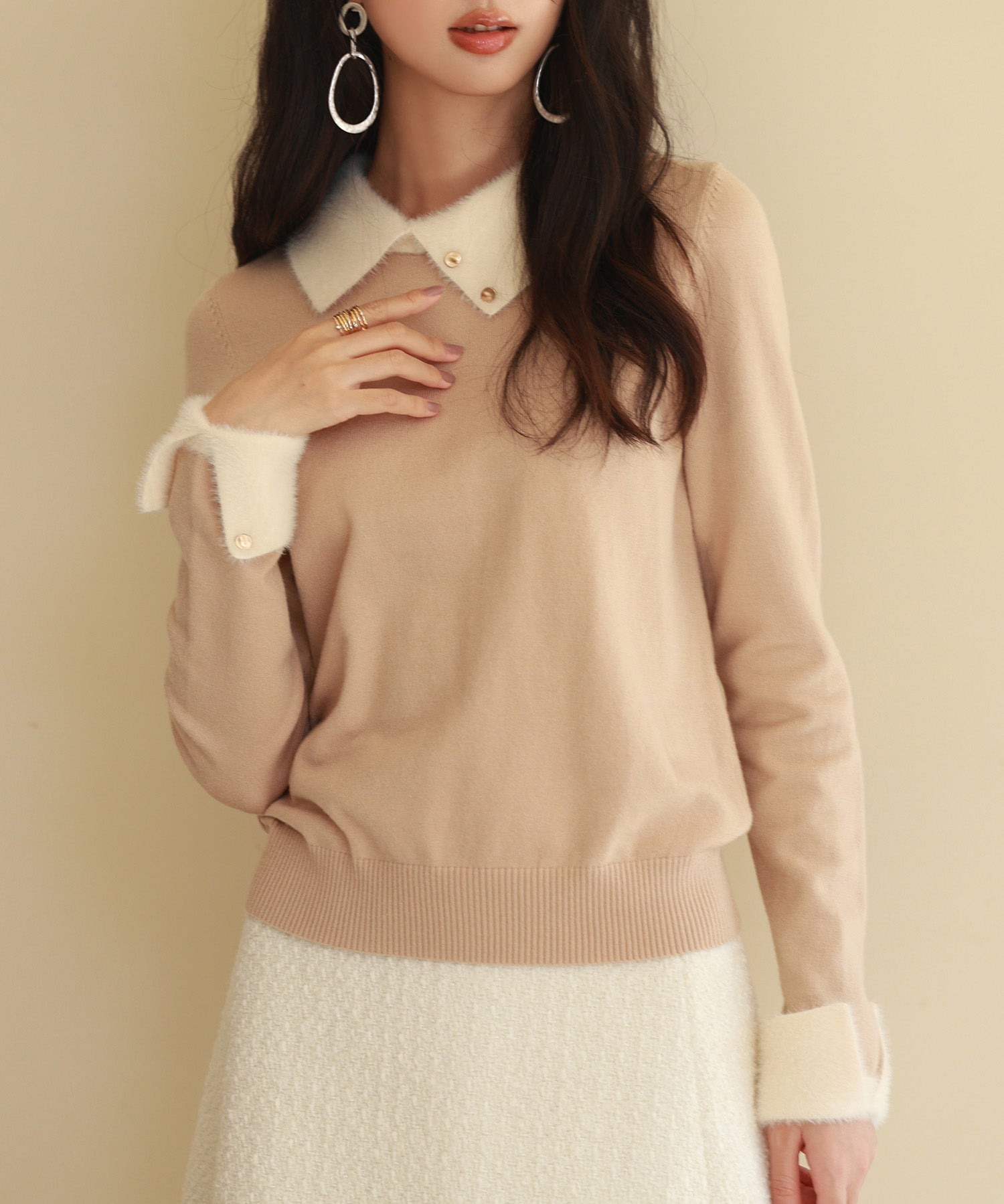 襟付きハイゲージ編みニットプルオーバーsdpxyf6301 ベージュ