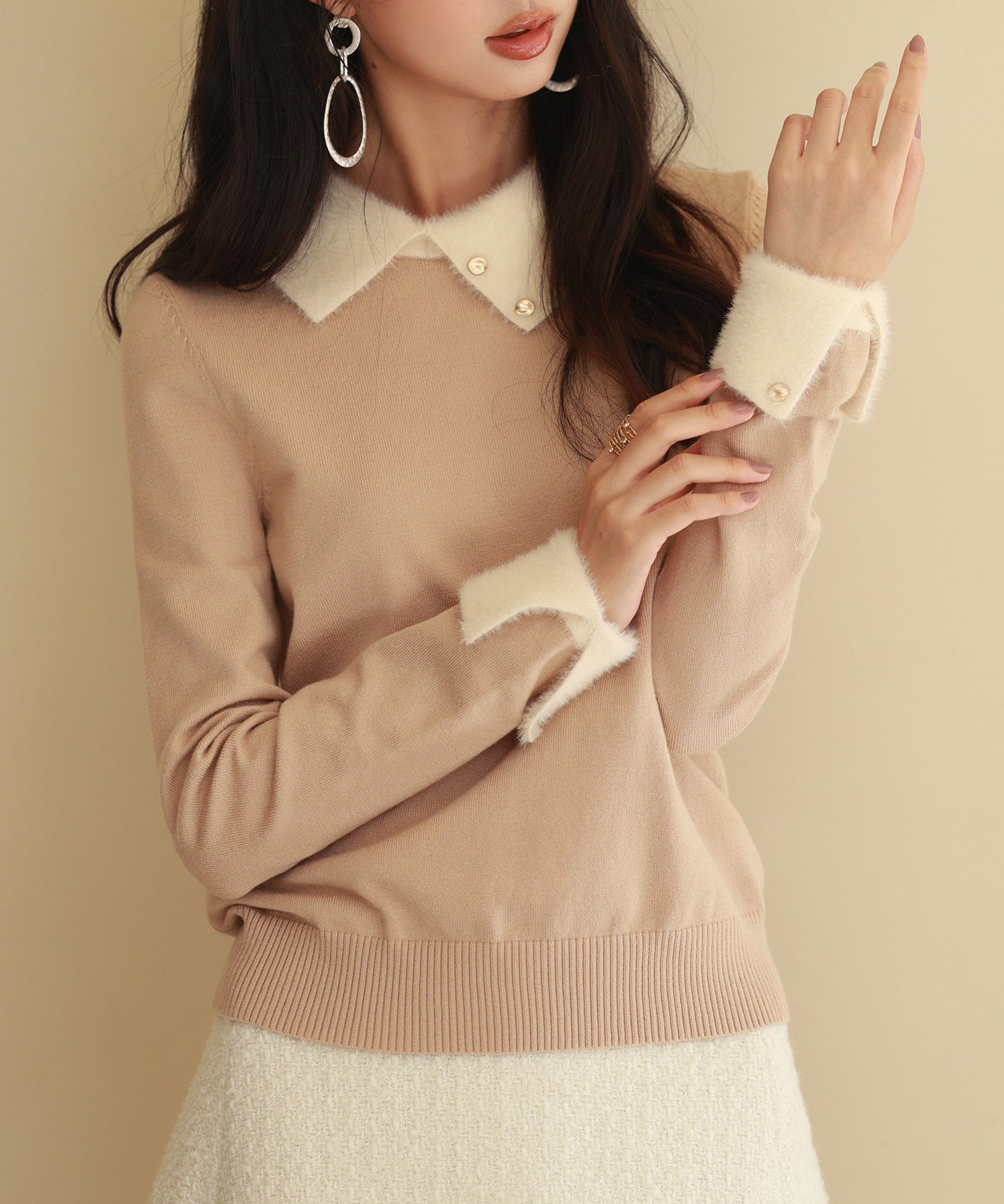 襟付きハイゲージ編みニットプルオーバーsdpxyf6301 ベージュ