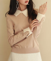 襟付きハイゲージ編みニットプルオーバーsdpxyf6301 ベージュ