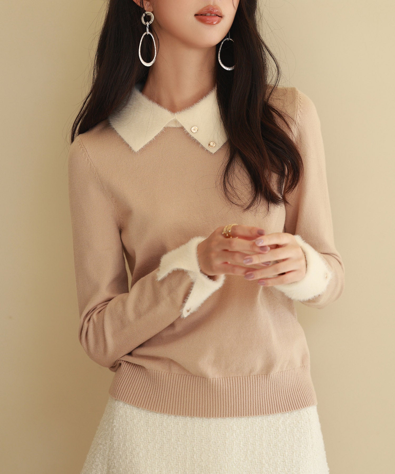 襟付きハイゲージ編みニットプルオーバーsdpxyf6301 ベージュ