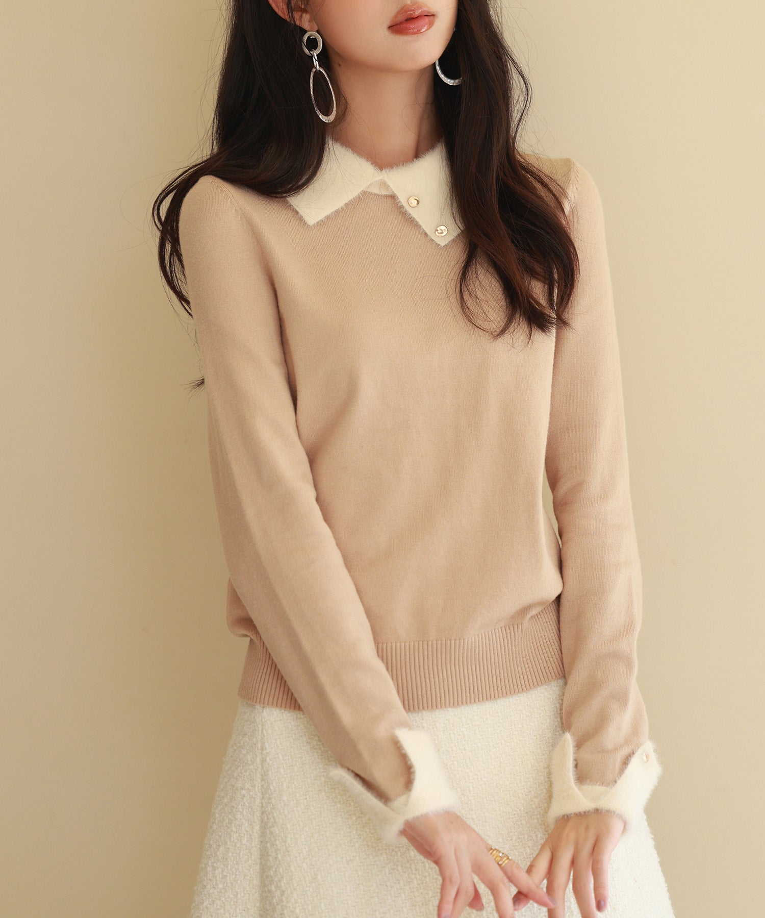 襟付きハイゲージ編みニットプルオーバーsdpxyf6301 ベージュ
