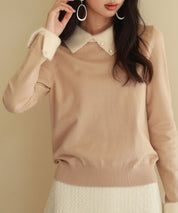 襟付きハイゲージ編みニットプルオーバーsdpxyf6301 ベージュ