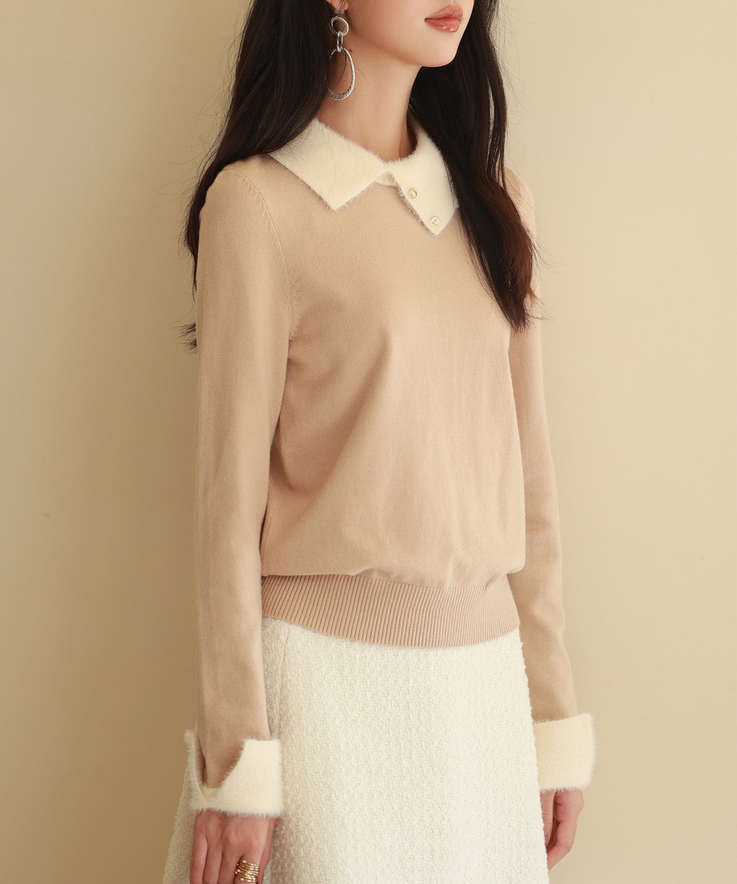 襟付きハイゲージ編みニットプルオーバーsdpxyf6301 ベージュ