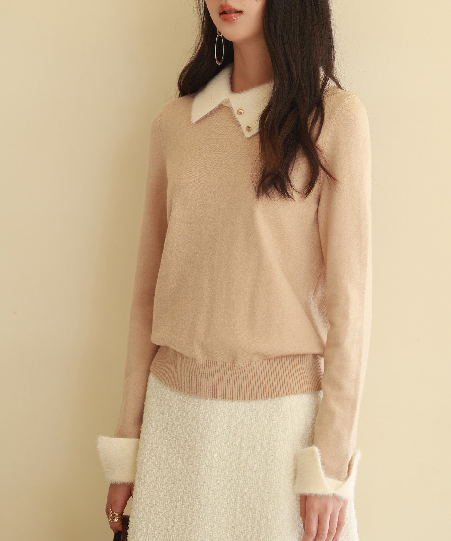 襟付きハイゲージ編みニットプルオーバーsdpxyf6301 ベージュ