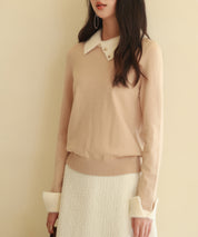 襟付きハイゲージ編みニットプルオーバーsdpxyf6301 ベージュ