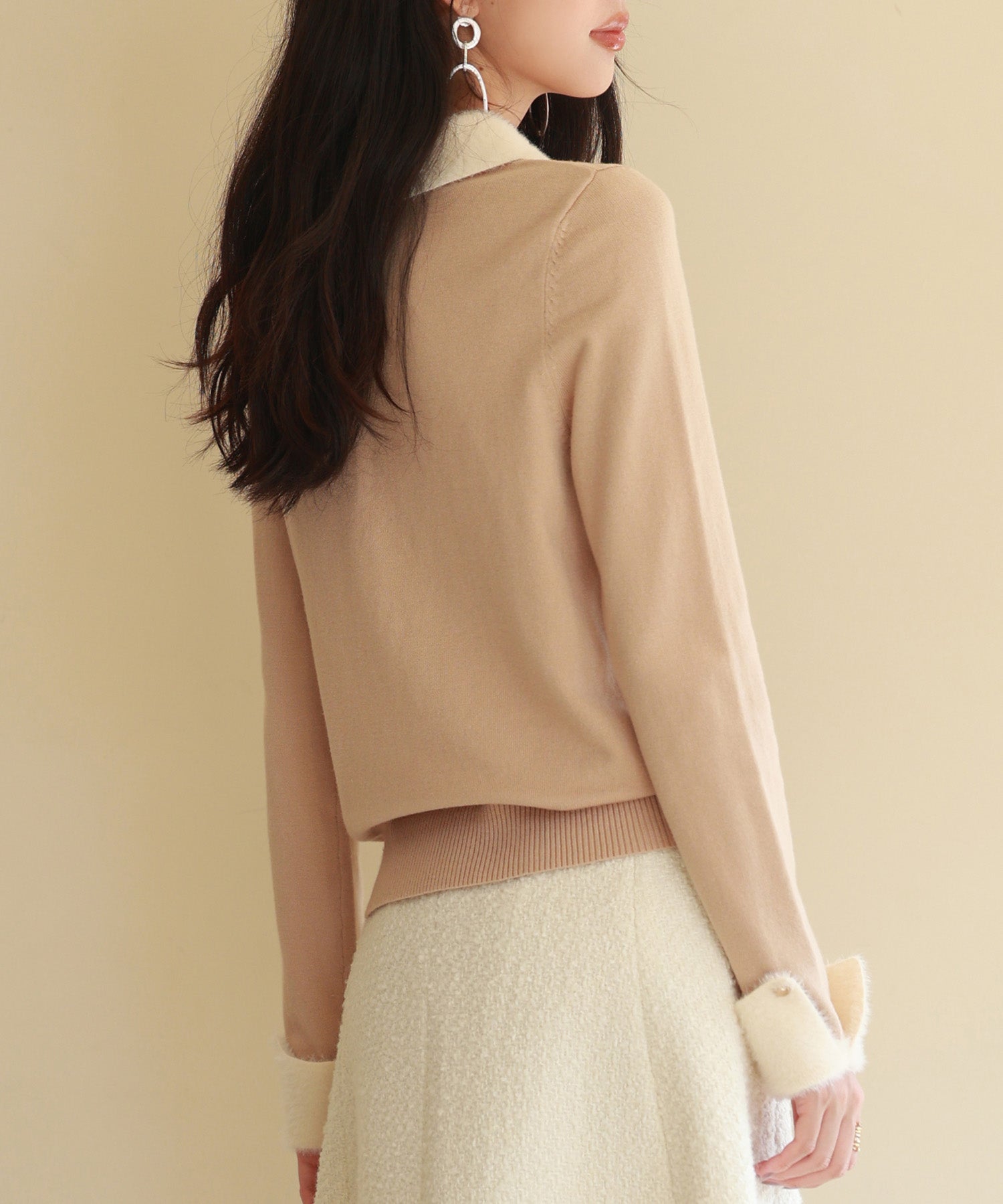 襟付きハイゲージ編みニットプルオーバーsdpxyf6301 ベージュ