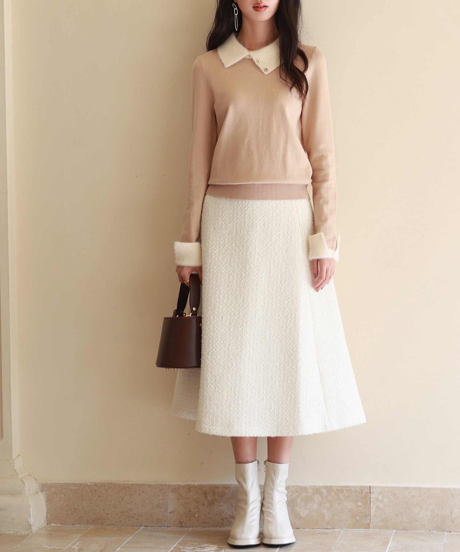 襟付きハイゲージ編みニットプルオーバーsdpxyf6301 ベージュ