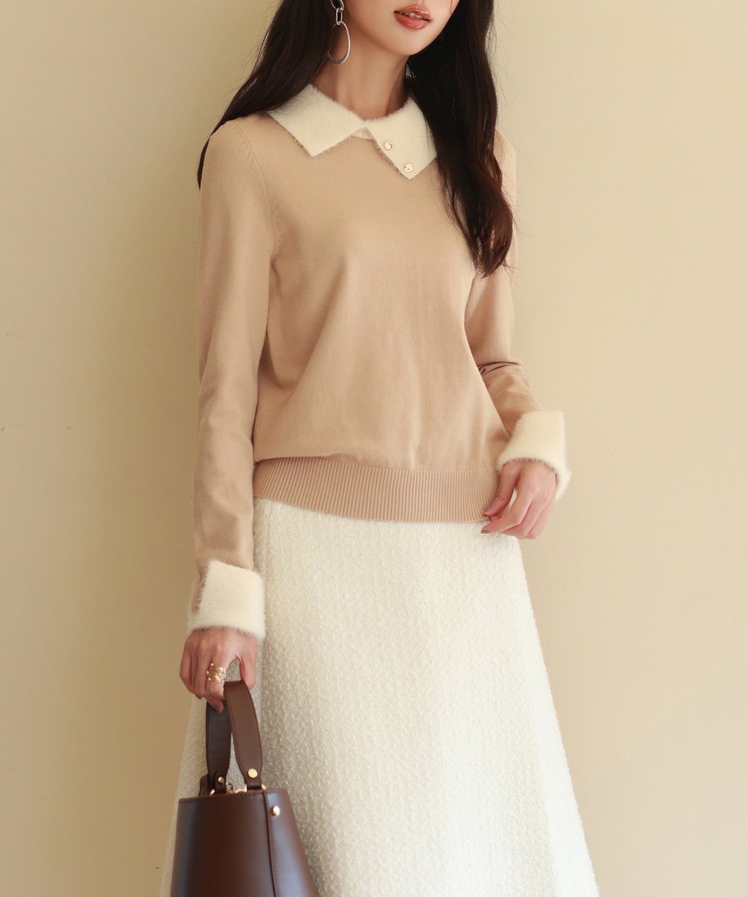 襟付きハイゲージ編みニットプルオーバーsdpxyf6301 ベージュ