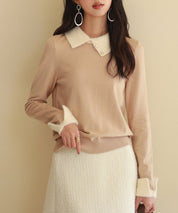 襟付きハイゲージ編みニットプルオーバーsdpxyf6301 ベージュ