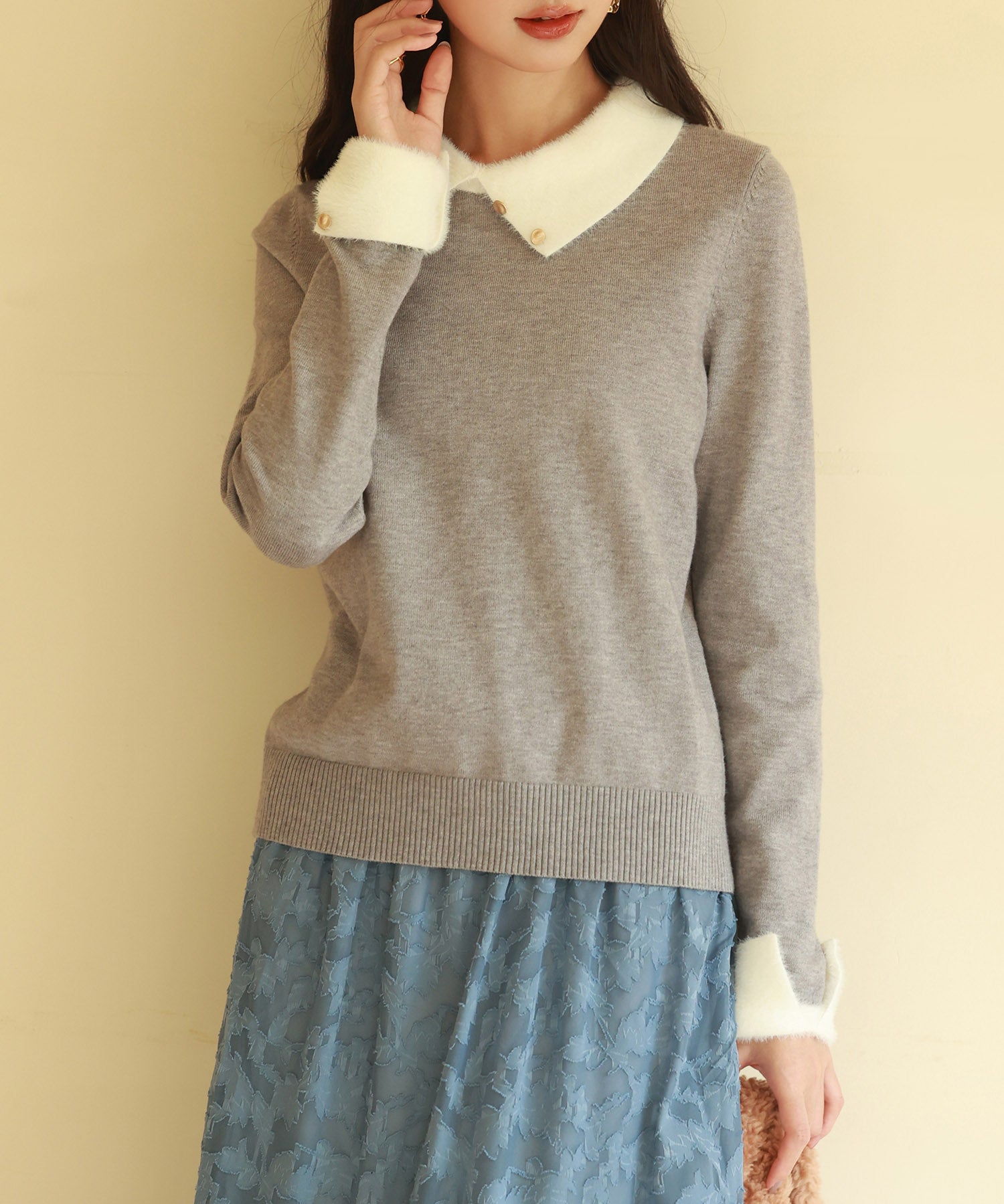 襟付きハイゲージ編みニットプルオーバーsdpxyf6301 グレー