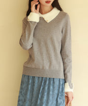 襟付きハイゲージ編みニットプルオーバーsdpxyf6301 グレー