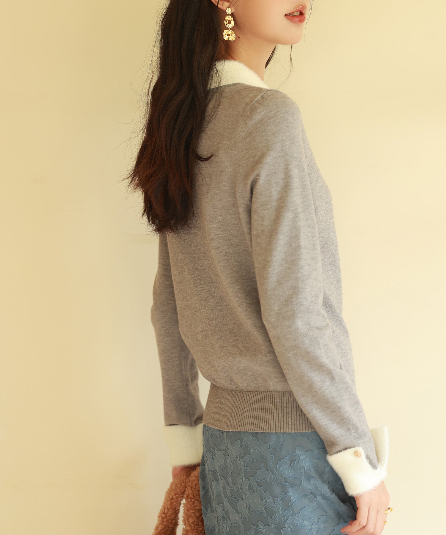 襟付きハイゲージ編みニットプルオーバーsdpxyf6301 グレー