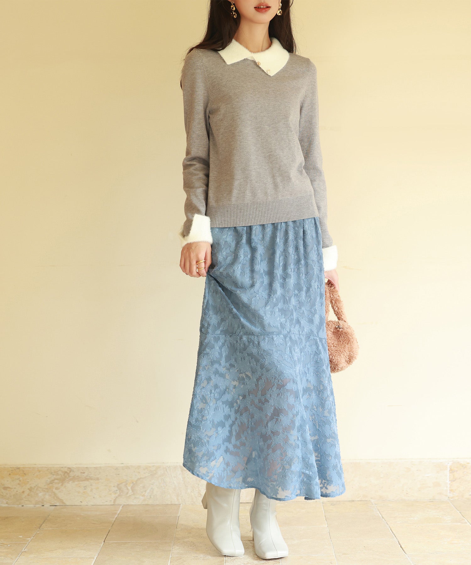 襟付きハイゲージ編みニットプルオーバーsdpxyf6301 グレー