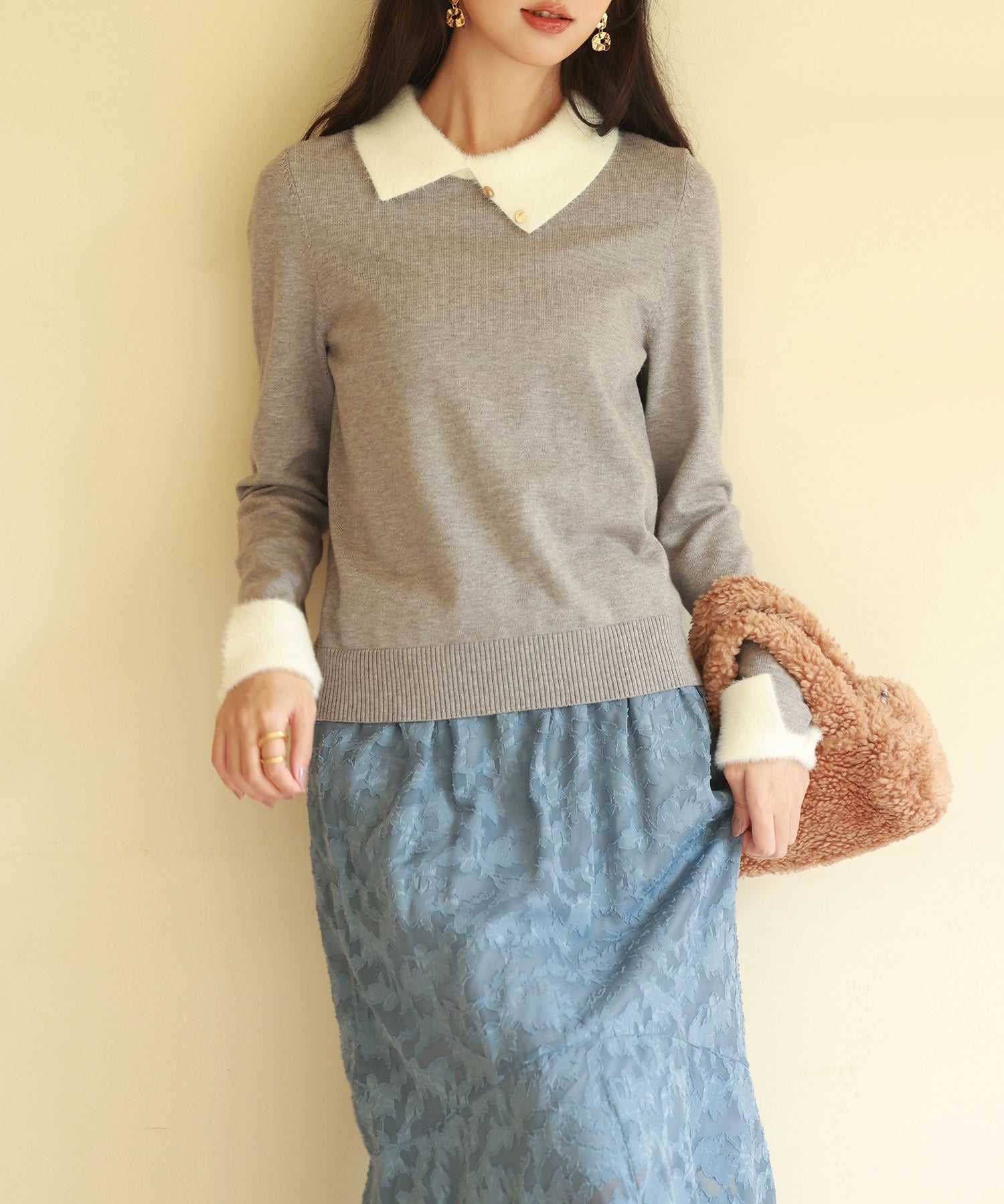 襟付きハイゲージ編みニットプルオーバーsdpxyf6301 グレー