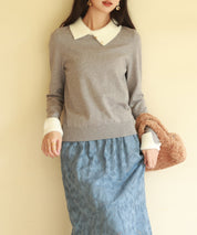 襟付きハイゲージ編みニットプルオーバーsdpxyf6301 グレー