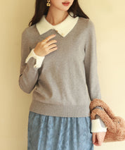 襟付きハイゲージ編みニットプルオーバーsdpxyf6301 グレー