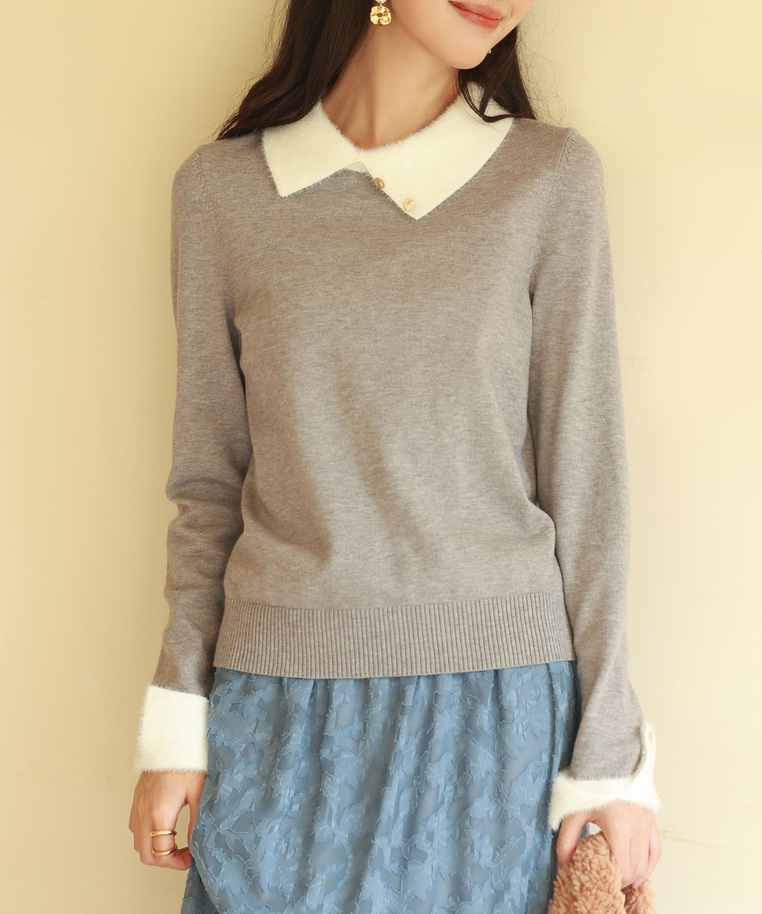 襟付きハイゲージ編みニットプルオーバーsdpxyf6301 グレー