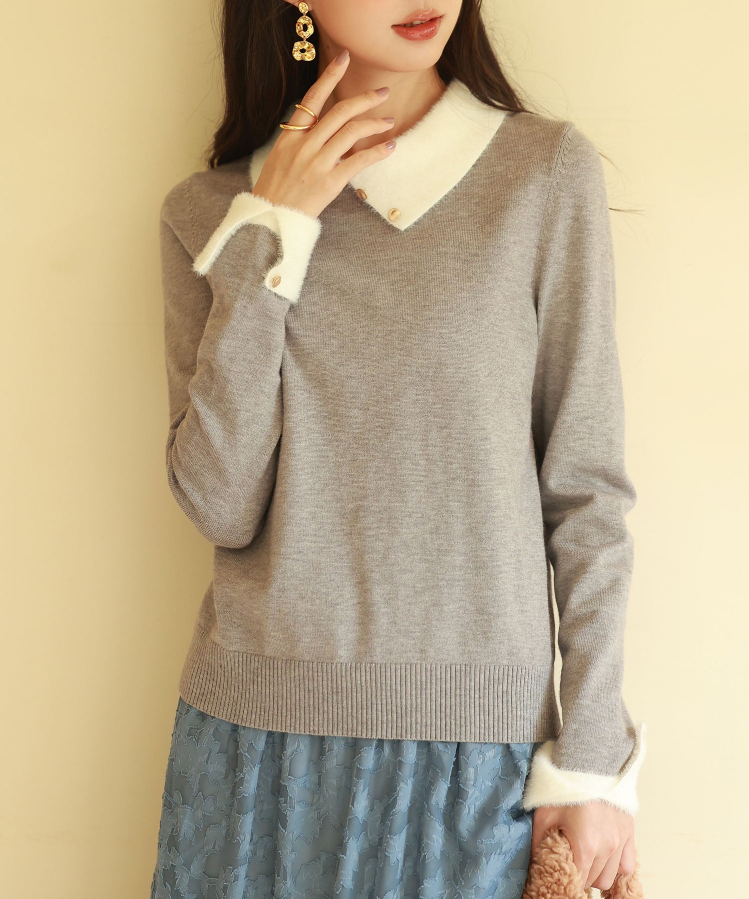 襟付きハイゲージ編みニットプルオーバーsdpxyf6301 グレー