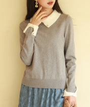 襟付きハイゲージ編みニットプルオーバーsdpxyf6301 グレー