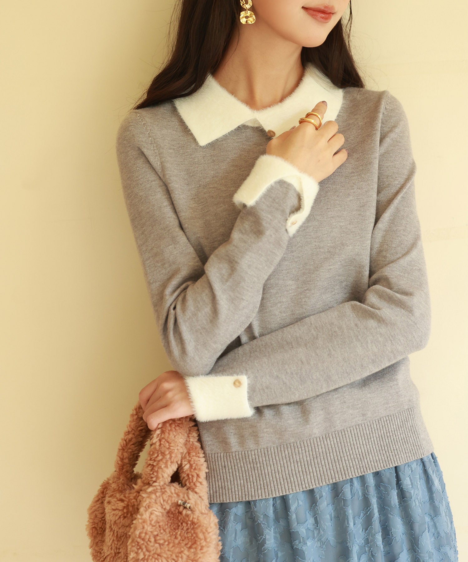 襟付きハイゲージ編みニットプルオーバーsdpxyf6301 グレー