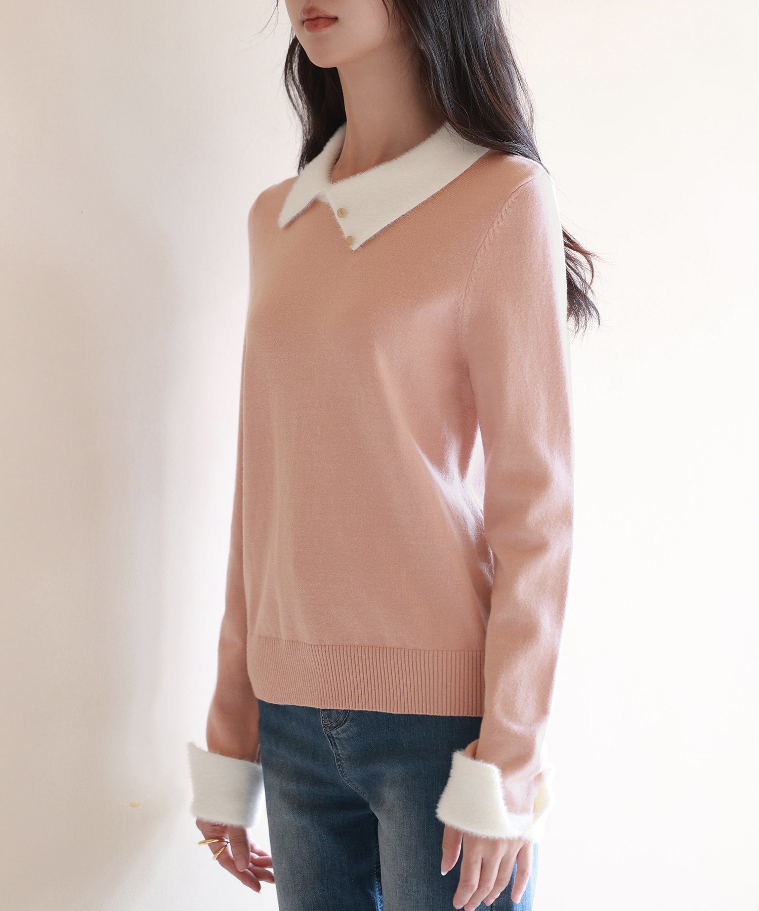 襟付きハイゲージ編みニットプルオーバーsdpxyf6301 ピンク