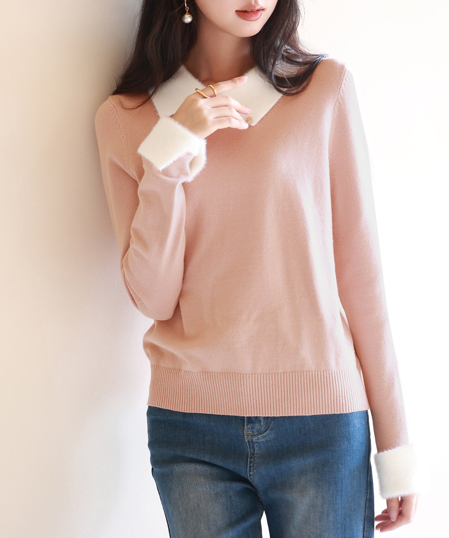 襟付きハイゲージ編みニットプルオーバーsdpxyf6301 ピンク