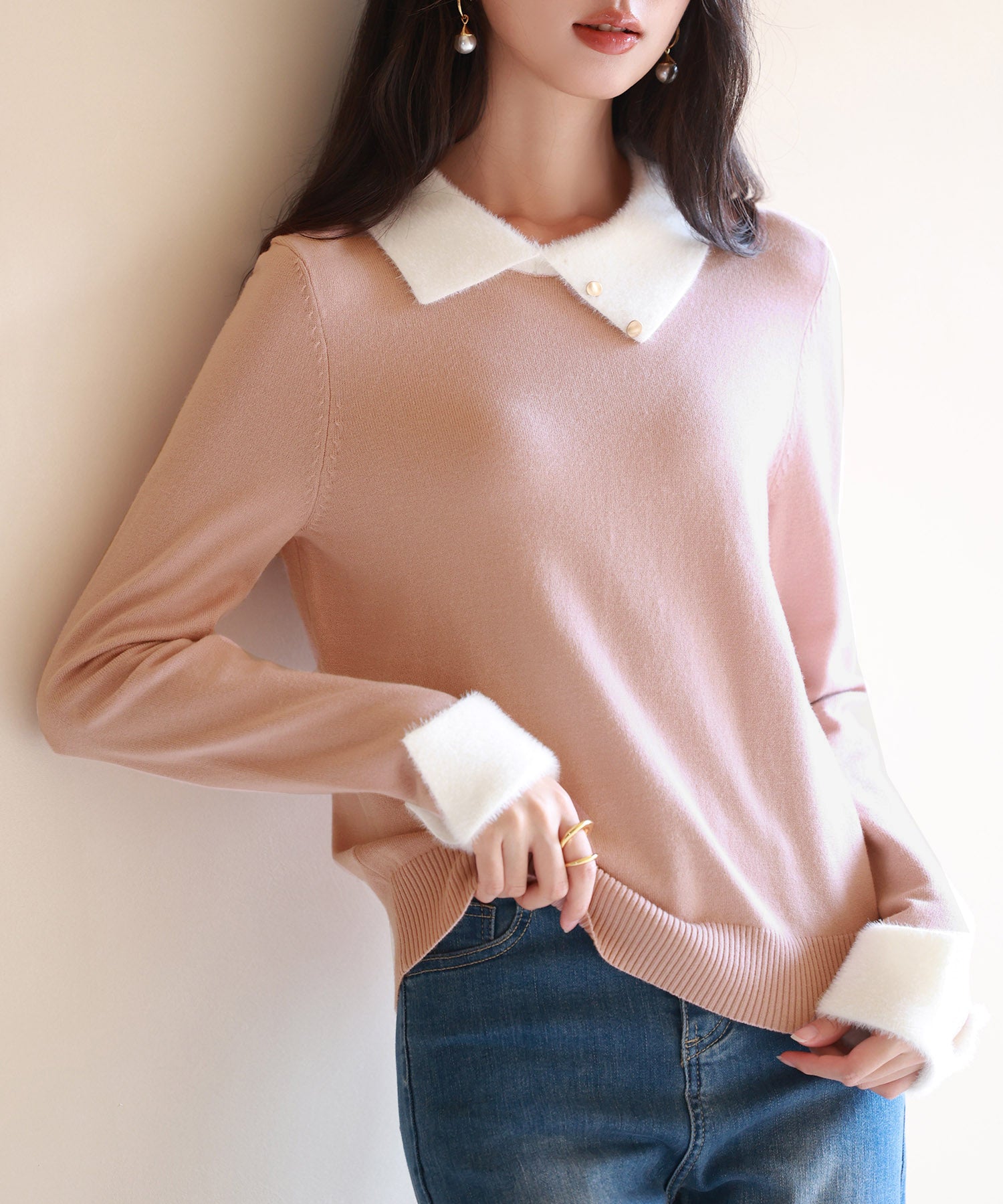 襟付きハイゲージ編みニットプルオーバーsdpxyf6301 ピンク