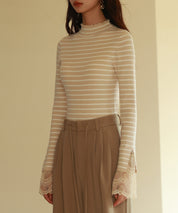 レース袖口プチハイネックニットsdpxyf6302 ベージュ