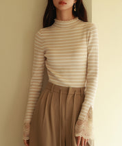 レース袖口プチハイネックニットsdpxyf6302 ベージュ