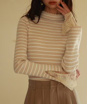 レース袖口プチハイネックニットsdpxyf6302 ベージュ