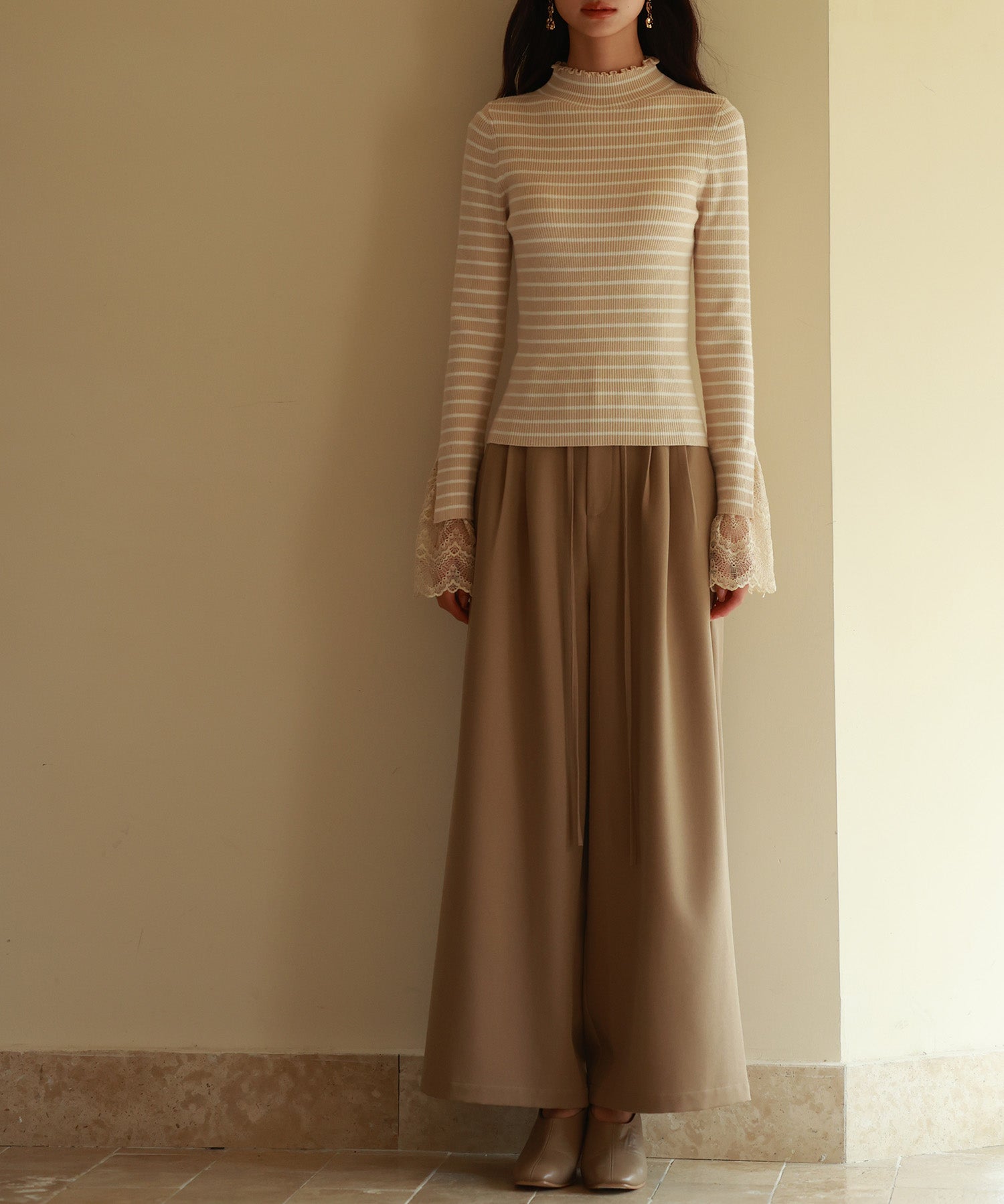 レース袖口プチハイネックニットsdpxyf6302 ベージュ