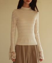 レース袖口プチハイネックニットsdpxyf6302 ベージュ