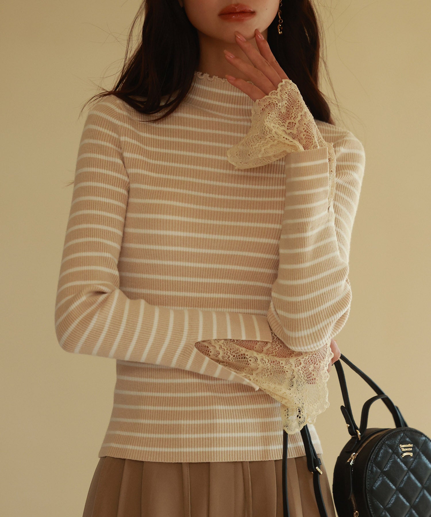 レース袖口プチハイネックニットsdpxyf6302 ベージュ