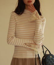 レース袖口プチハイネックニットsdpxyf6302 ベージュ