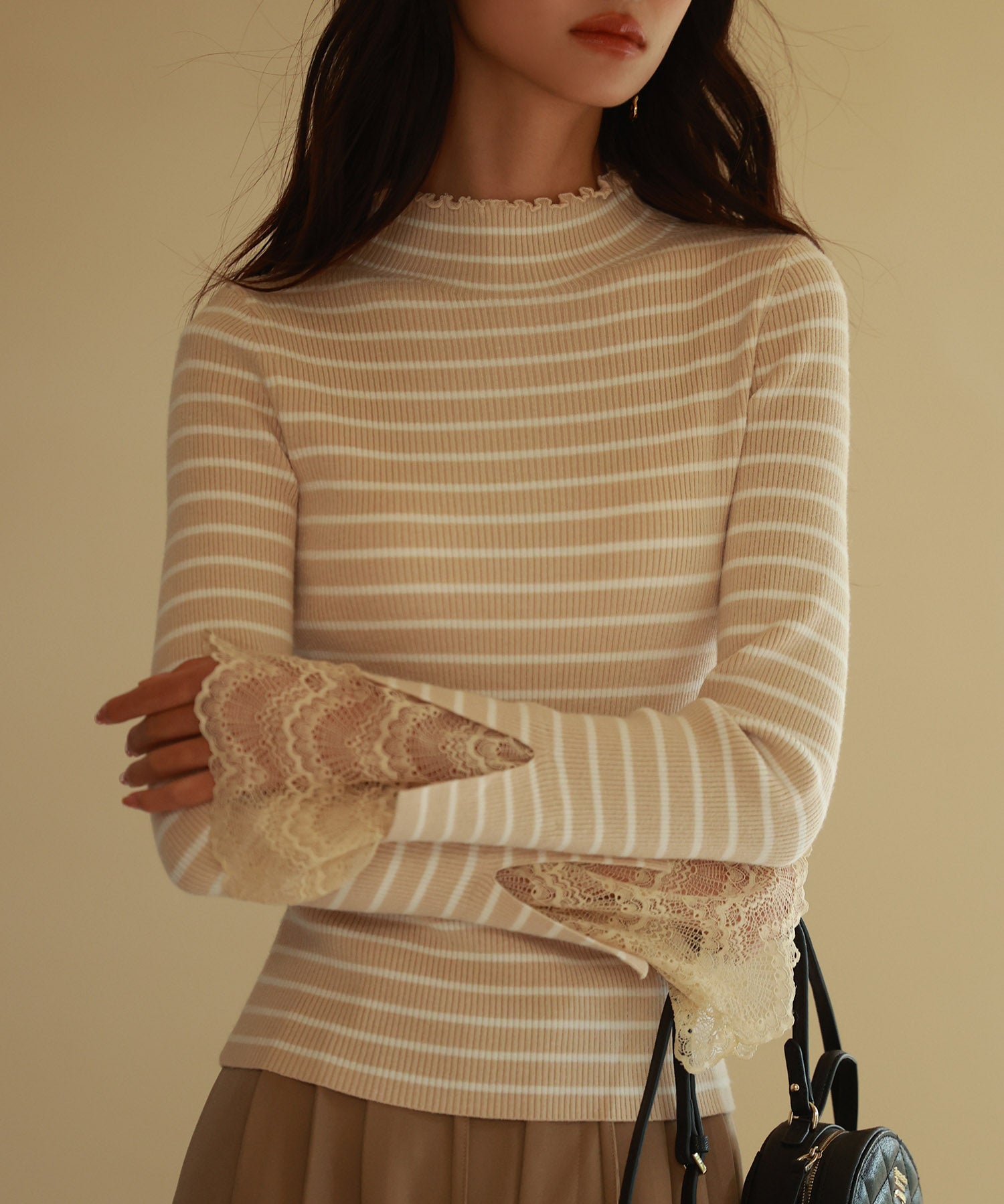 レース袖口プチハイネックニットsdpxyf6302 ベージュ