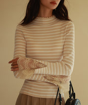 レース袖口プチハイネックニットsdpxyf6302 ベージュ