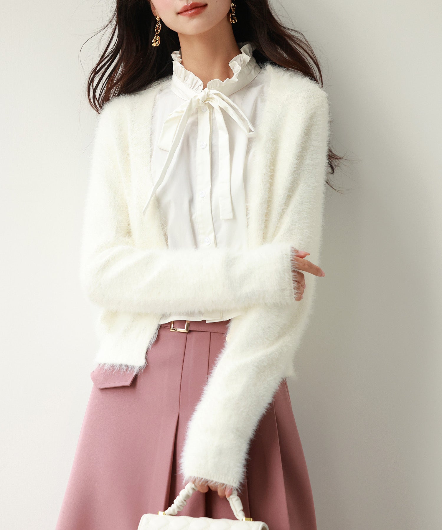 柔らかいシャギーニットカーディガンsdpxyf6310 ホワイト