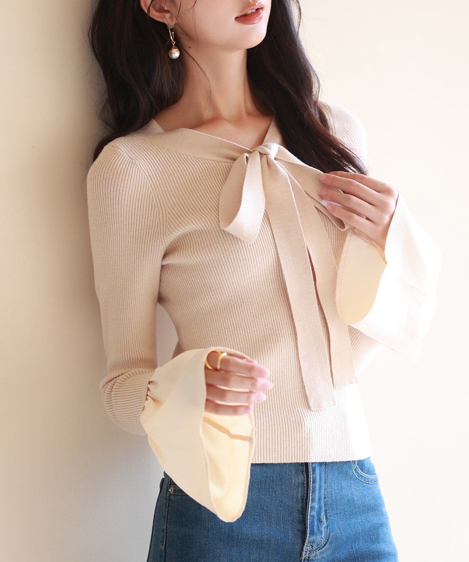 フレア袖ニットプルオーバsdpxyf6318 ベージュ