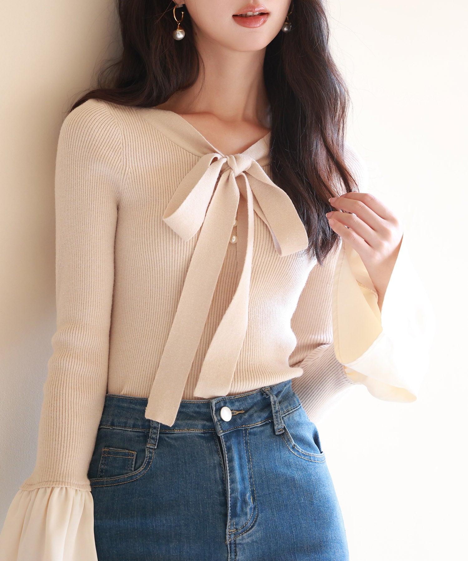 フレア袖ニットプルオーバsdpxyf6318 ベージュ