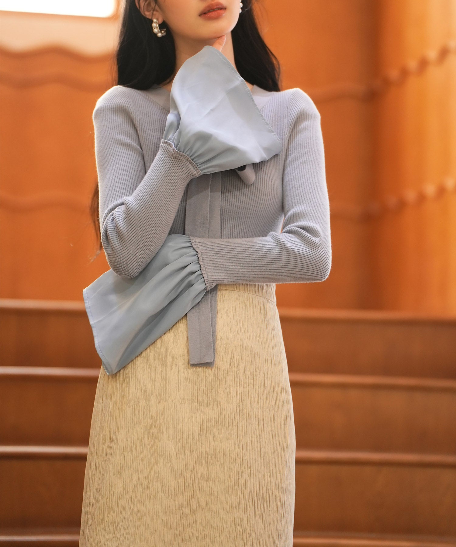 フレア袖ニットプルオーバsdpxyf6318 ブルーグレー