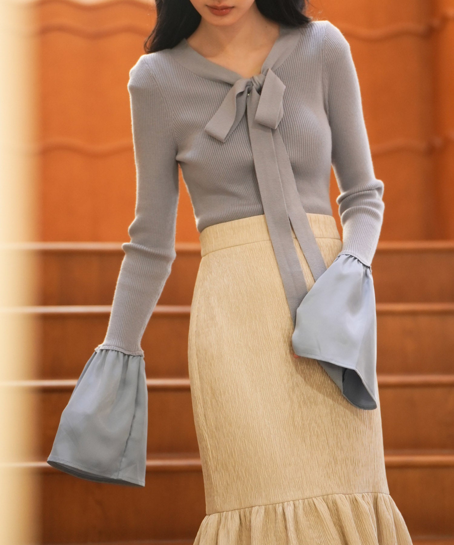 フレア袖ニットプルオーバsdpxyf6318 ブルーグレー