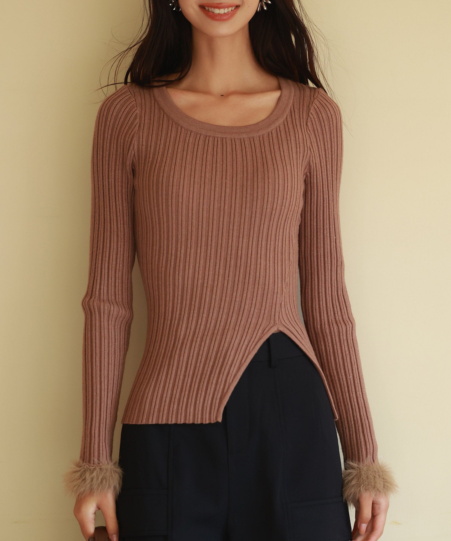 ファー袖口クルーネックニットプルオーバーsdpxyf6327-103-17