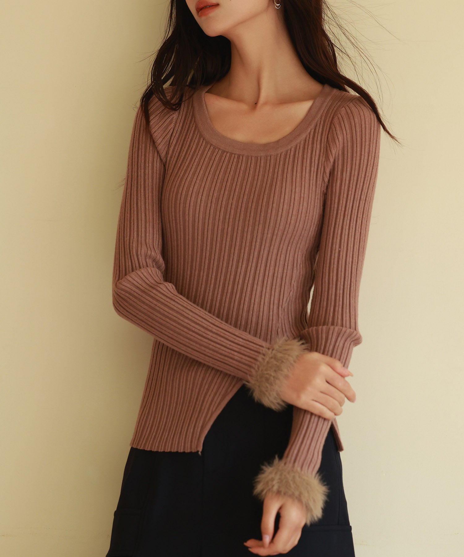 ファー袖口クルーネックニットプルオーバーsdpxyf6327