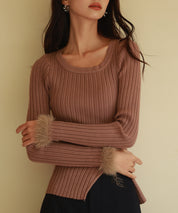 ファー袖口クルーネックニットプルオーバーsdpxyf6327