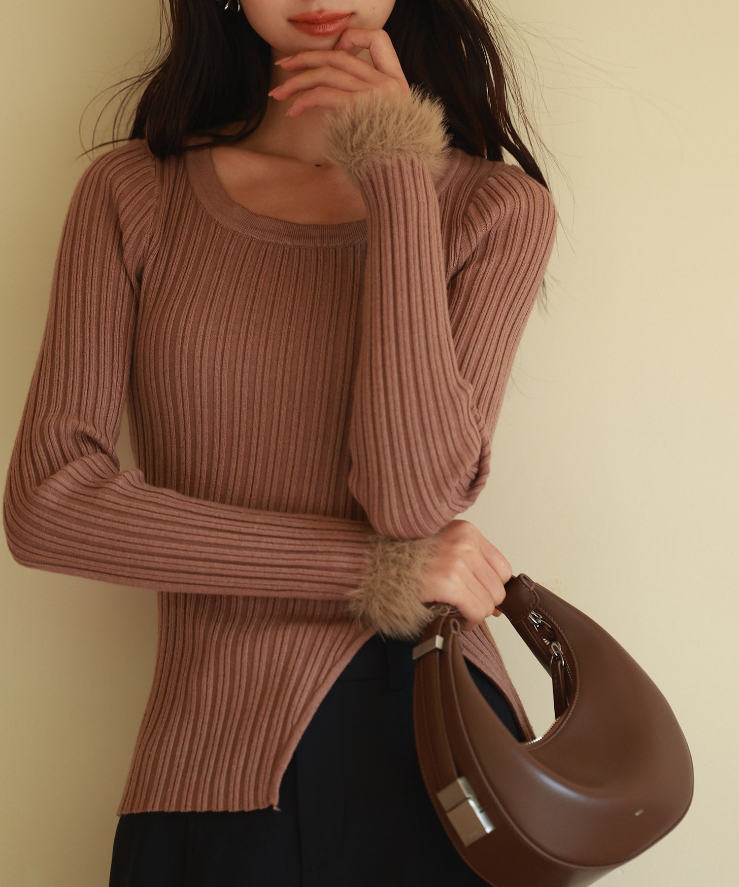 ファー袖口クルーネックニットプルオーバーsdpxyf6327