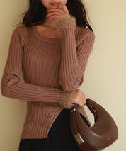 ファー袖口クルーネックニットプルオーバーsdpxyf6327