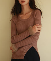 ファー袖口クルーネックニットプルオーバーsdpxyf6327