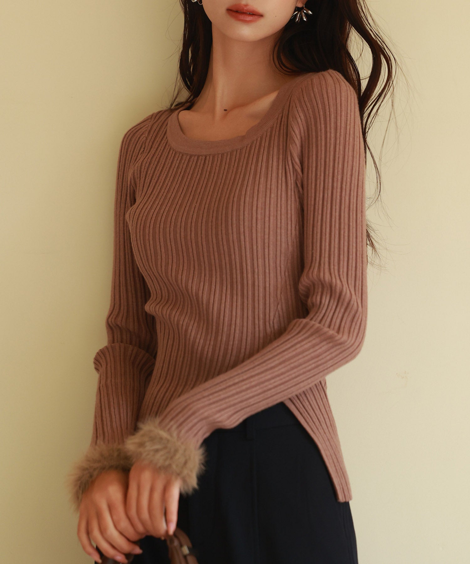 ファー袖口クルーネックニットプルオーバーsdpxyf6327